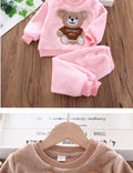 Naptime Cub soft pink fleece baby sleepwear set with bear design, perfect for ages 1-2, ideal for chilly nights.