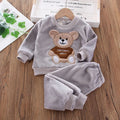 Naptime Cub baby fleece sleepwear set featuring a cute bear design, perfect for ages 1-2 years in soft gray fabric.