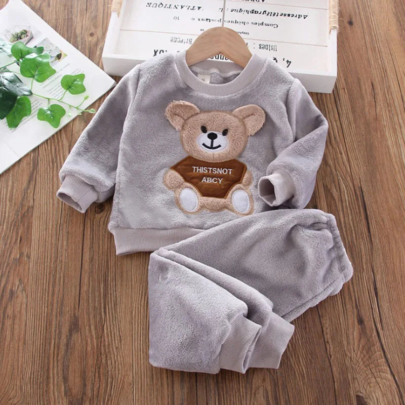 Naptime Cub baby fleece sleepwear set featuring a cute bear design, perfect for ages 1-2 years in soft gray fabric.