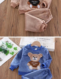 Naptime Cub baby fleece sleepwear set featuring cartoon bear design, perfect for ages 1-2 years, in two cozy colors.