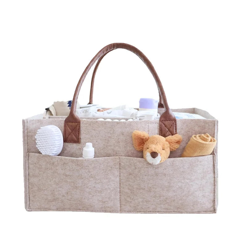 Baby Felt Storage Nursery Organizer Basket – Large Pocket Diaper Caddy with Handle for Infant Changing & Kids Storage