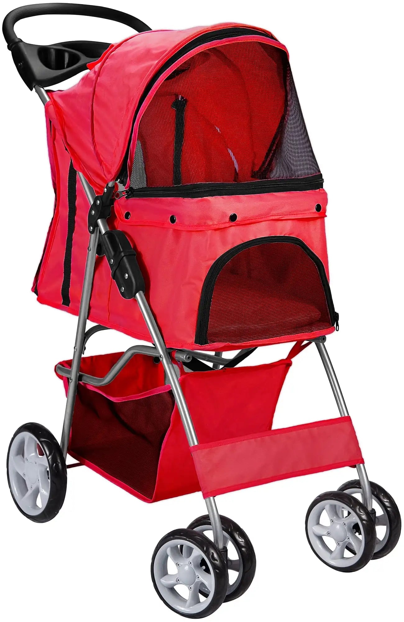 PawRide™ 4-Wheeled Foldable Pet Stroller with Cup Holders – Lightweight for Cats & Small Dogs