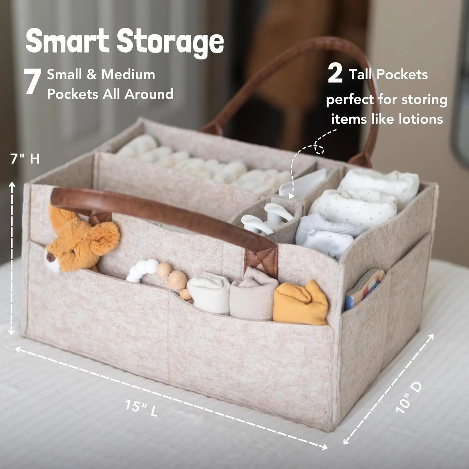 Baby Felt Storage Nursery Organizer Basket – Large Pocket Diaper Caddy with Handle for Infant Changing & Kids Storage
