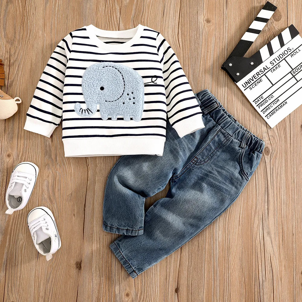 ElephantStripe™ Baby & Toddler Casual Set – Full Sleeve Pullover & Cute Print Jeans (0–24 Months)