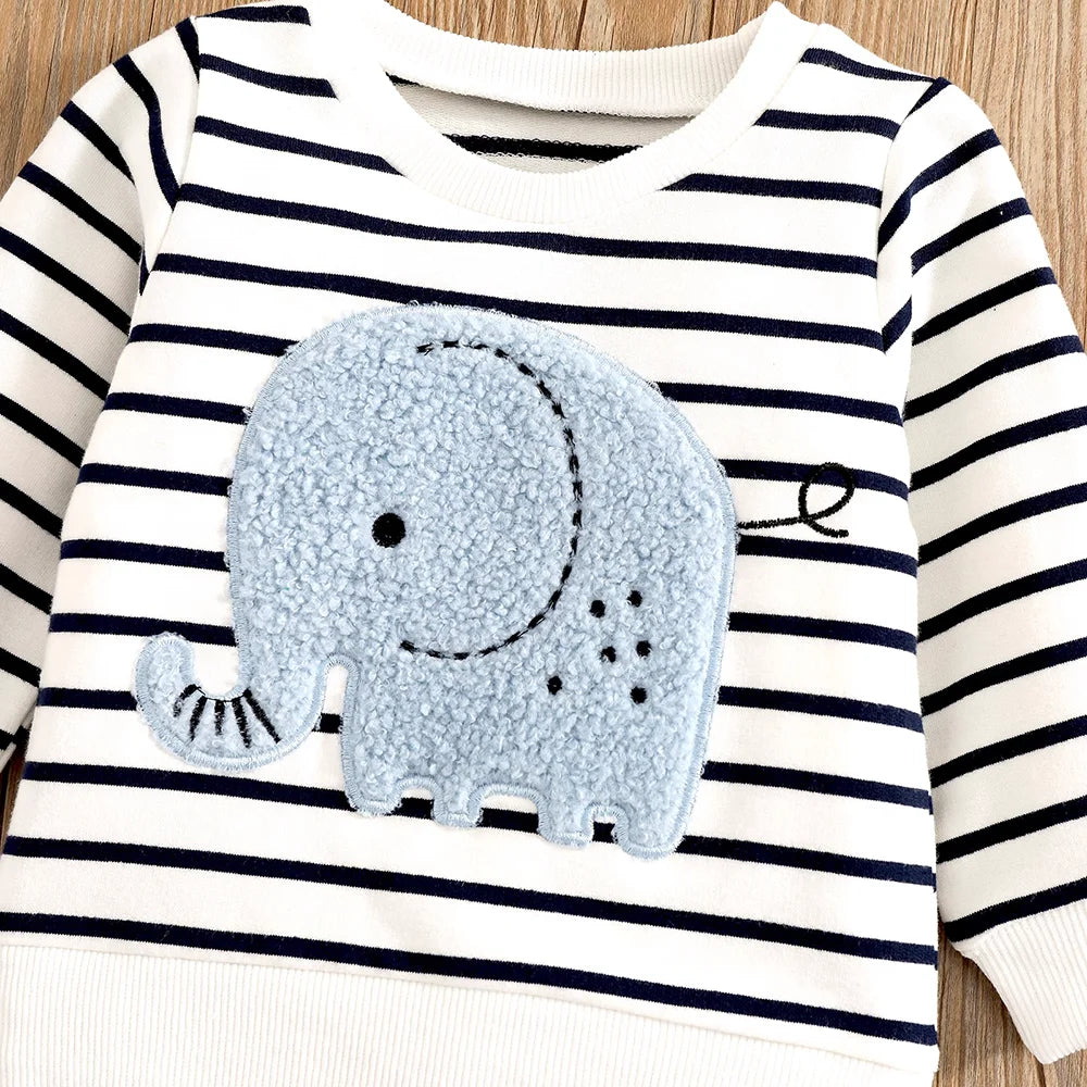 ElephantStripe™ Baby & Toddler Casual Set – Full Sleeve Pullover & Cute Print Jeans (0–24 Months)