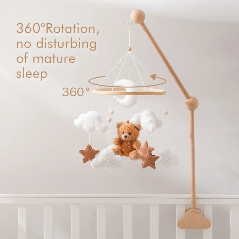 Dream Wooden Crib Mobile – Soft Felt Bear Hanging Music Toy for Newborns