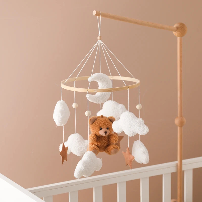 Dream Wooden Crib Mobile – Soft Felt Bear Hanging Music Toy for Newborns