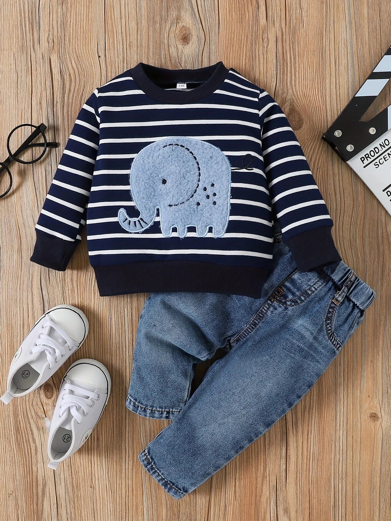 ElephantStripe™ Baby & Toddler Casual Set – Full Sleeve Pullover & Cute Print Jeans (0–24 Months)