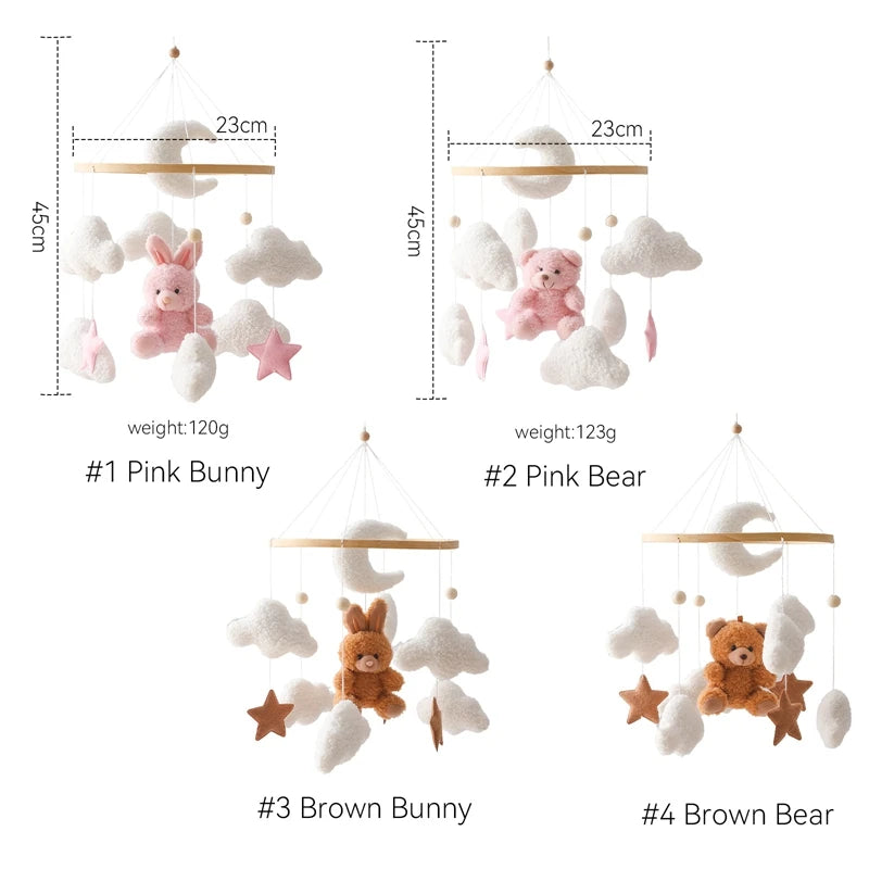 Dream Wooden Crib Mobile – Soft Felt Bear Hanging Music Toy for Newborns