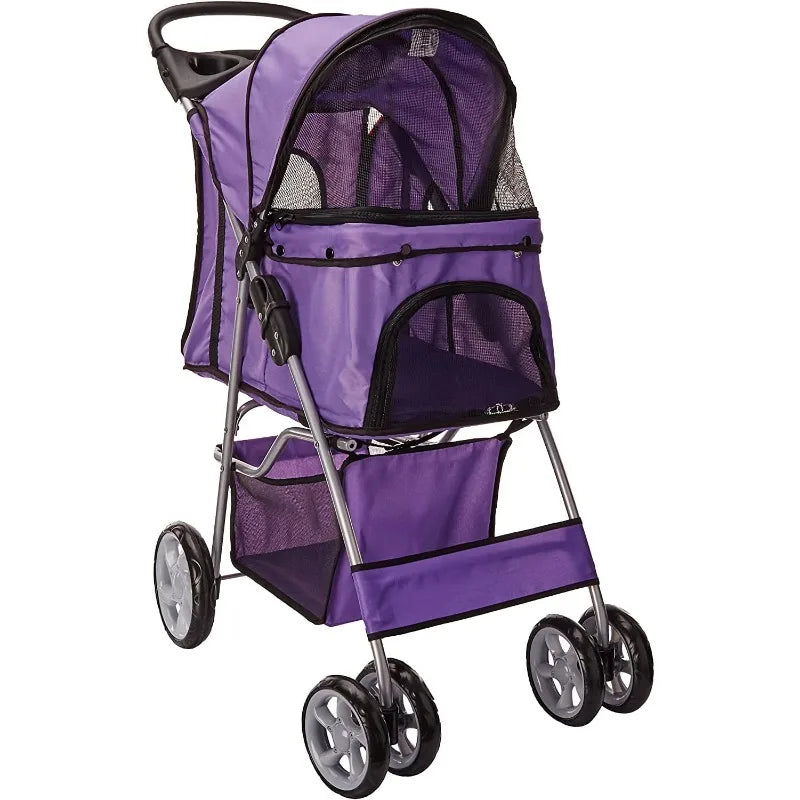 PawRide™ 4-Wheeled Foldable Pet Stroller with Cup Holders – Lightweight for Cats & Small Dogs