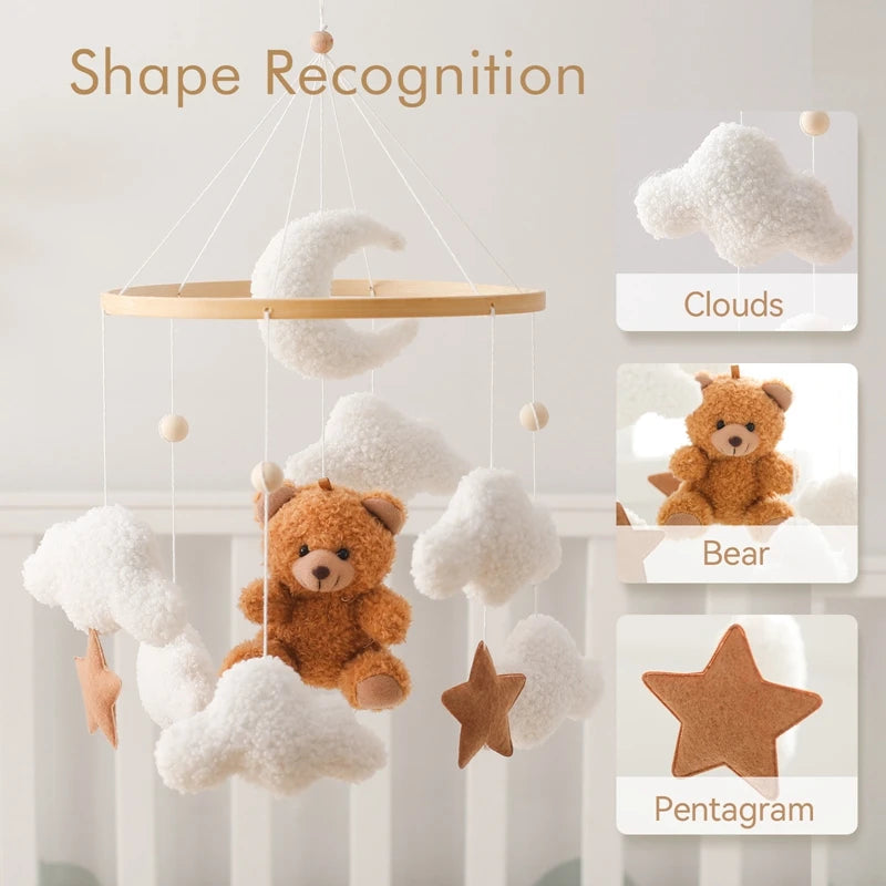 Dream Wooden Crib Mobile – Soft Felt Bear Hanging Music Toy for Newborns