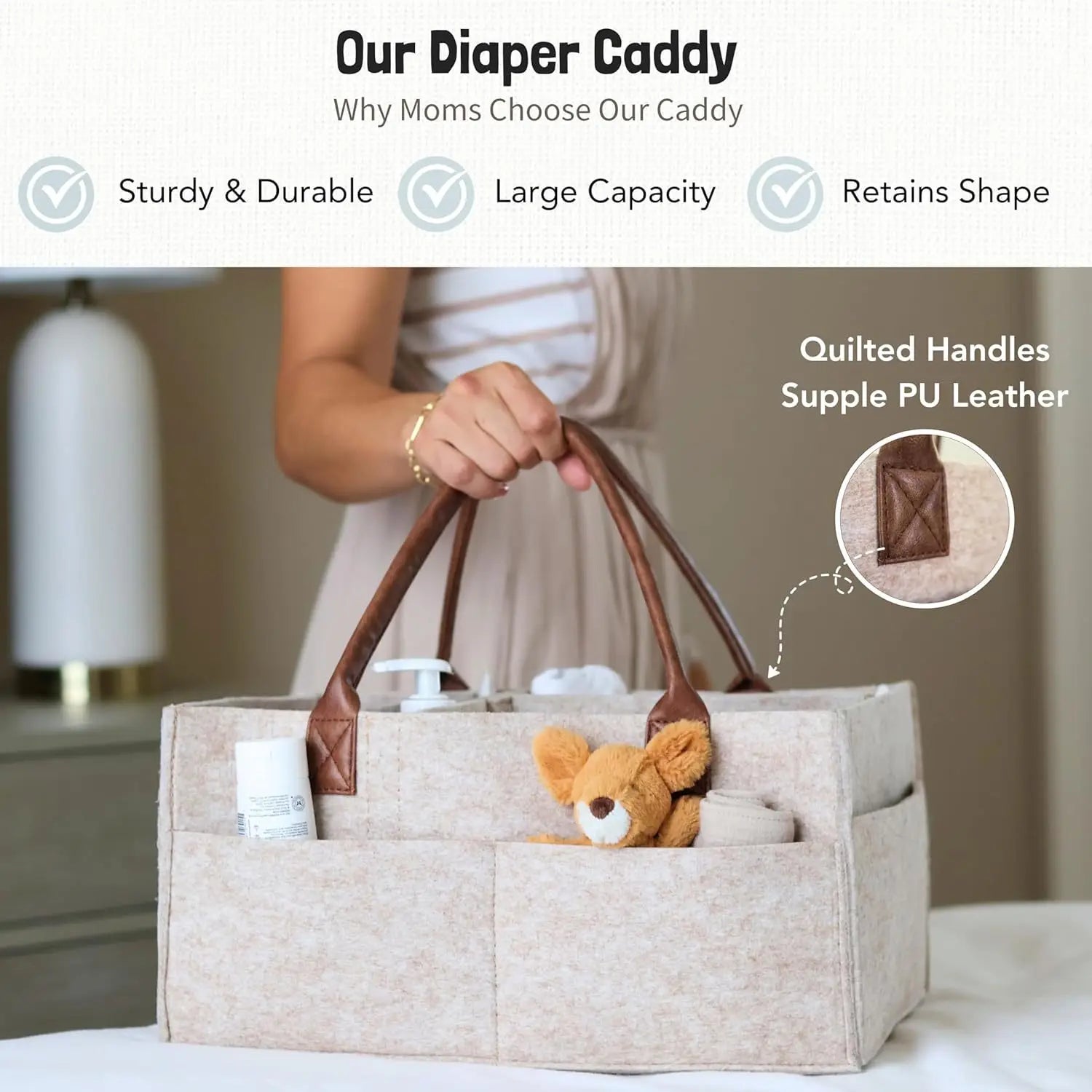 Baby Felt Storage Nursery Organizer Basket – Large Pocket Diaper Caddy with Handle for Infant Changing & Kids Storage