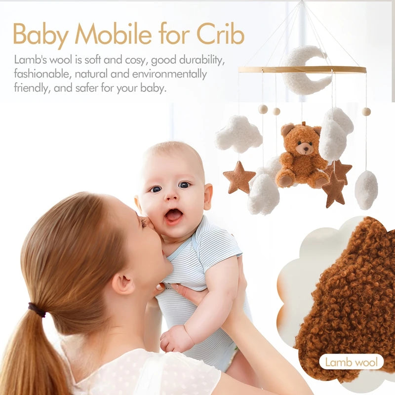 Dream Wooden Crib Mobile – Soft Felt Bear Hanging Music Toy for Newborns