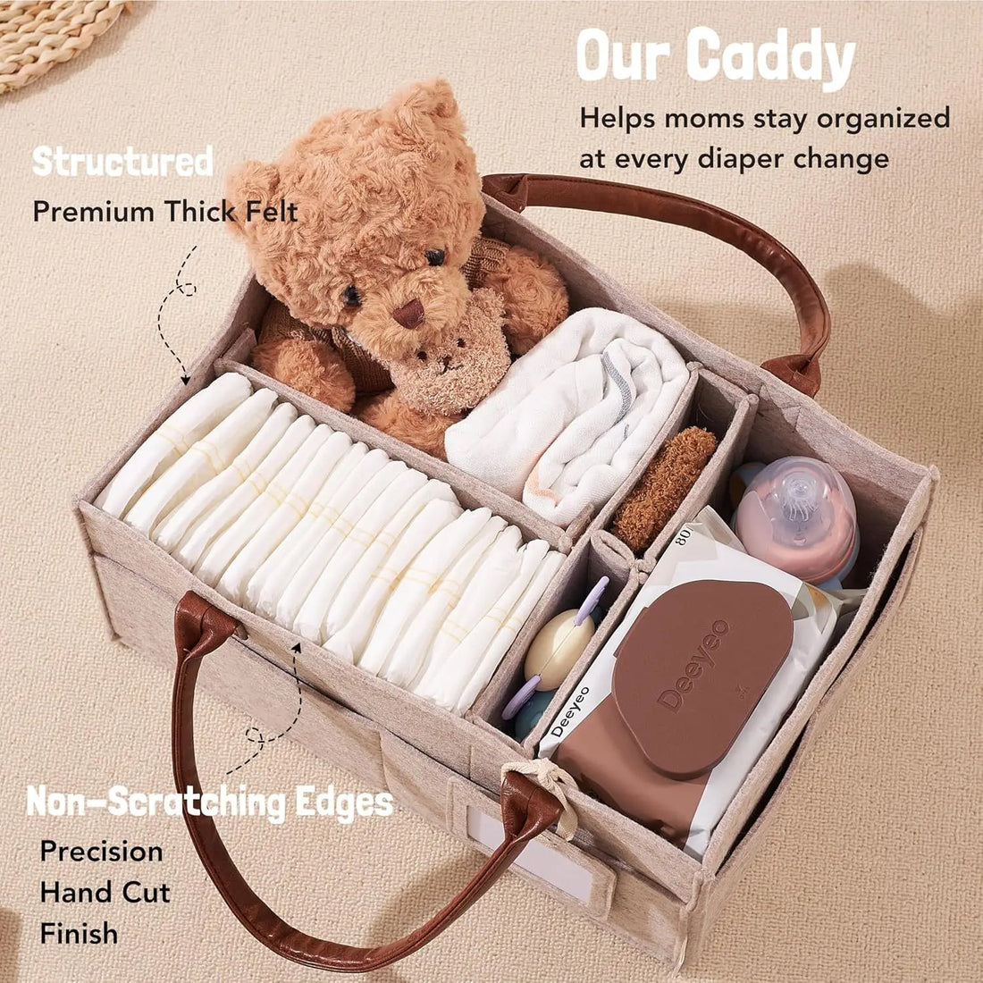 Baby Felt Storage Nursery Organizer Basket – Large Pocket Diaper Caddy with Handle for Infant Changing & Kids Storage